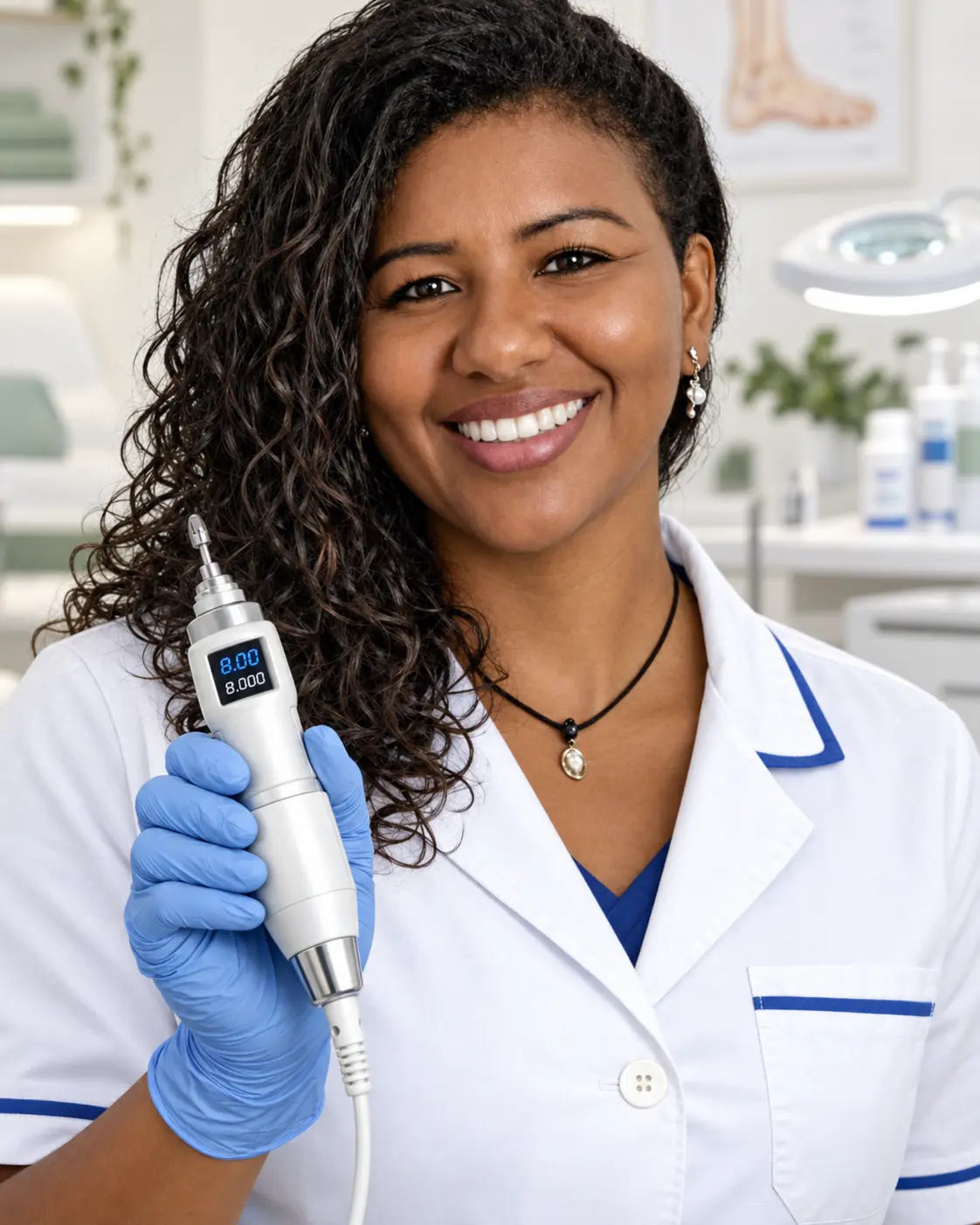 Retrato profissional de Regiane Alves, podóloga, com equipamento de atendimento