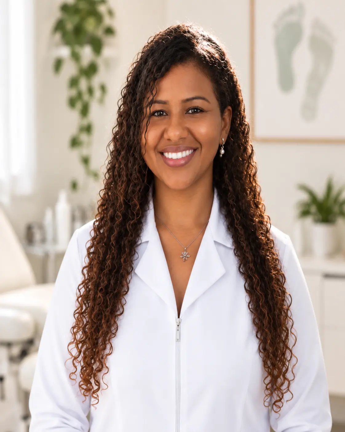 Retrato profissional da podóloga Regiane Alves em seu consultório